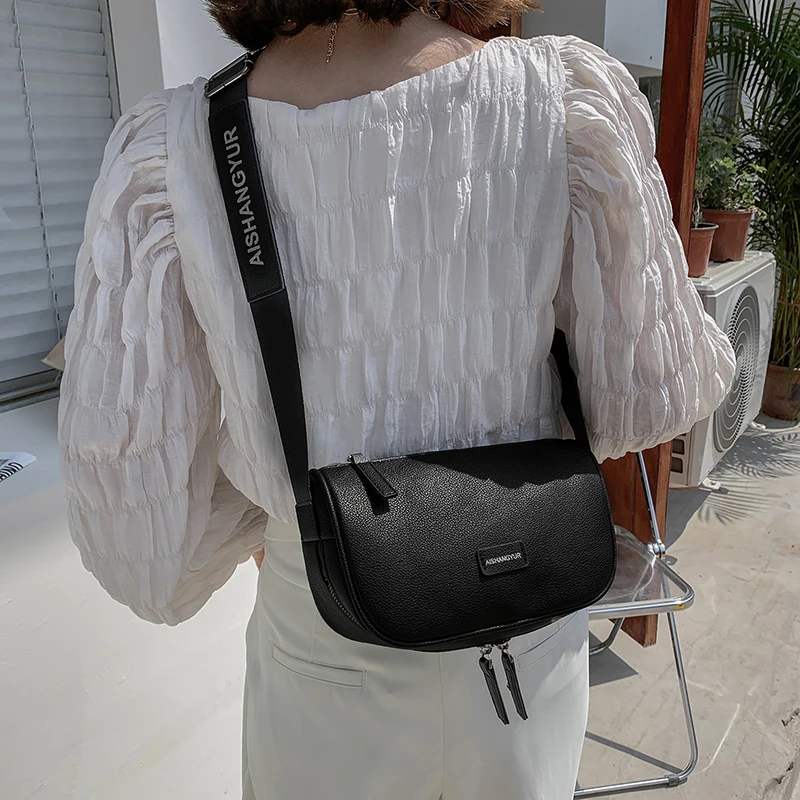 

PU Leather Women Crossbody Bags Wide Shoulder Straps Female Shoulder Bags Ladies Handbag 2021 New Travel Saddle Bag