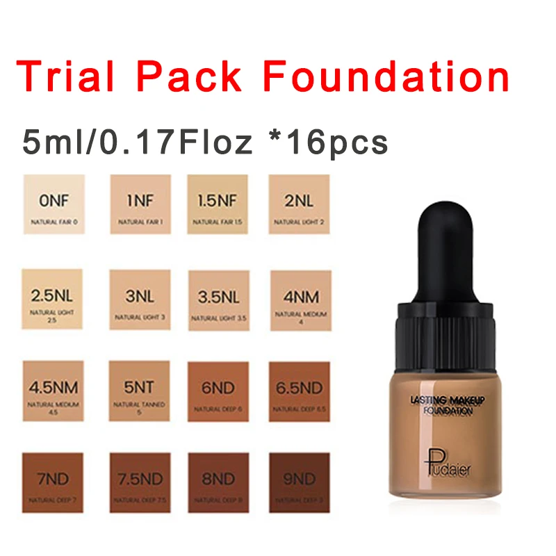 Trial pack 16pcs Pudaier, 40 мл, матовая основа для макияжа, крем для лица, профессиональный скрывающий макияж, Тональная основа, высокое покрытие, жидкая, стойкая - Цвет: Trial pack 16pcs