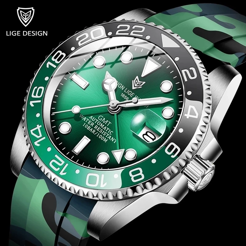 

LIGE Design Brand Luxury Mechanical Watch Men Automatic Green Watches For Men Silicone Diving Business Sports Wrist Watch Reloj