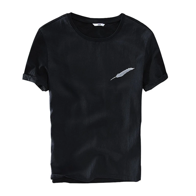 Футболка мужская с вышивкой перьев модная тенниска из хлопка и льна короткими