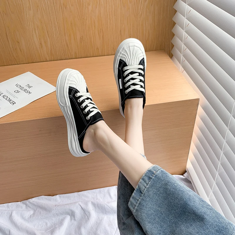 

Shoes Women's Korean Thick Soled Canvas shoes Low top Leisure Lace up solid White Green Black Casual Shoes Slippers Flats Chunky