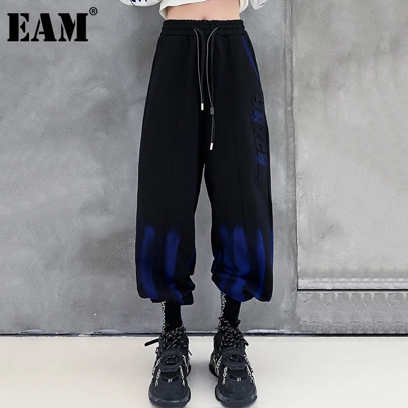 

[EAM] Черные длинные широкие брюки с высокой эластичной резинкой на талии Tye Dye, новые брюки свободного покроя, женские модные брюки сезона вес...