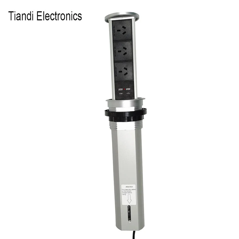 

Silver gas spring lift power outlet USB charger pneumatic pop up tabletop socket 3-bit customizable jack with cable wire 1.5m