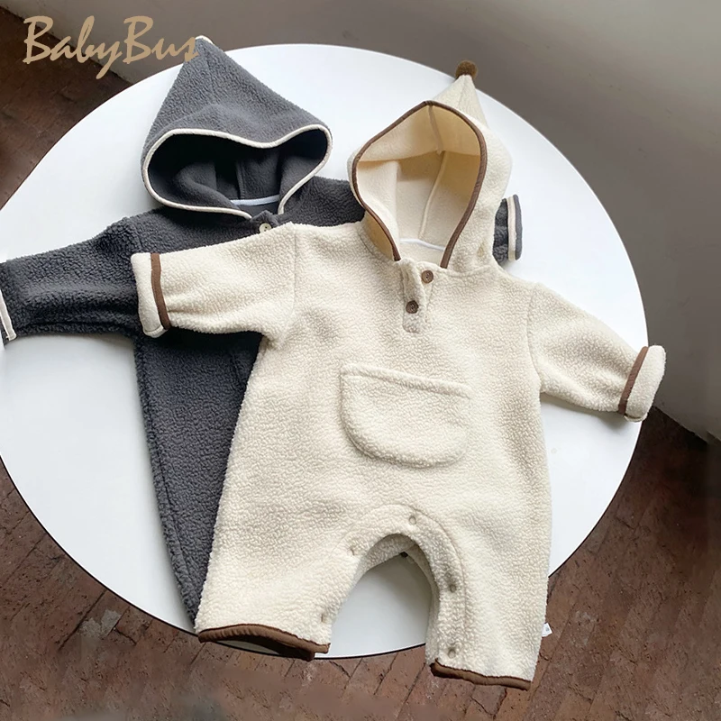 

2021 Winter New Baby Solid Color Baby Girl Lamb Velvet Jumpsuit Baby Boy Romper