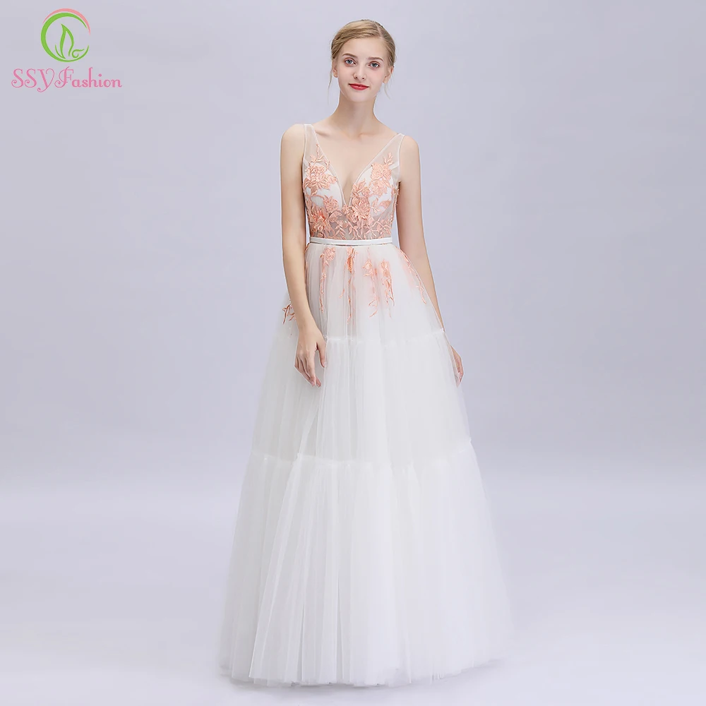SSYFashion 2019 Новое Белое Тюлевое вечернее платье романтическое Персиковое кружевное
