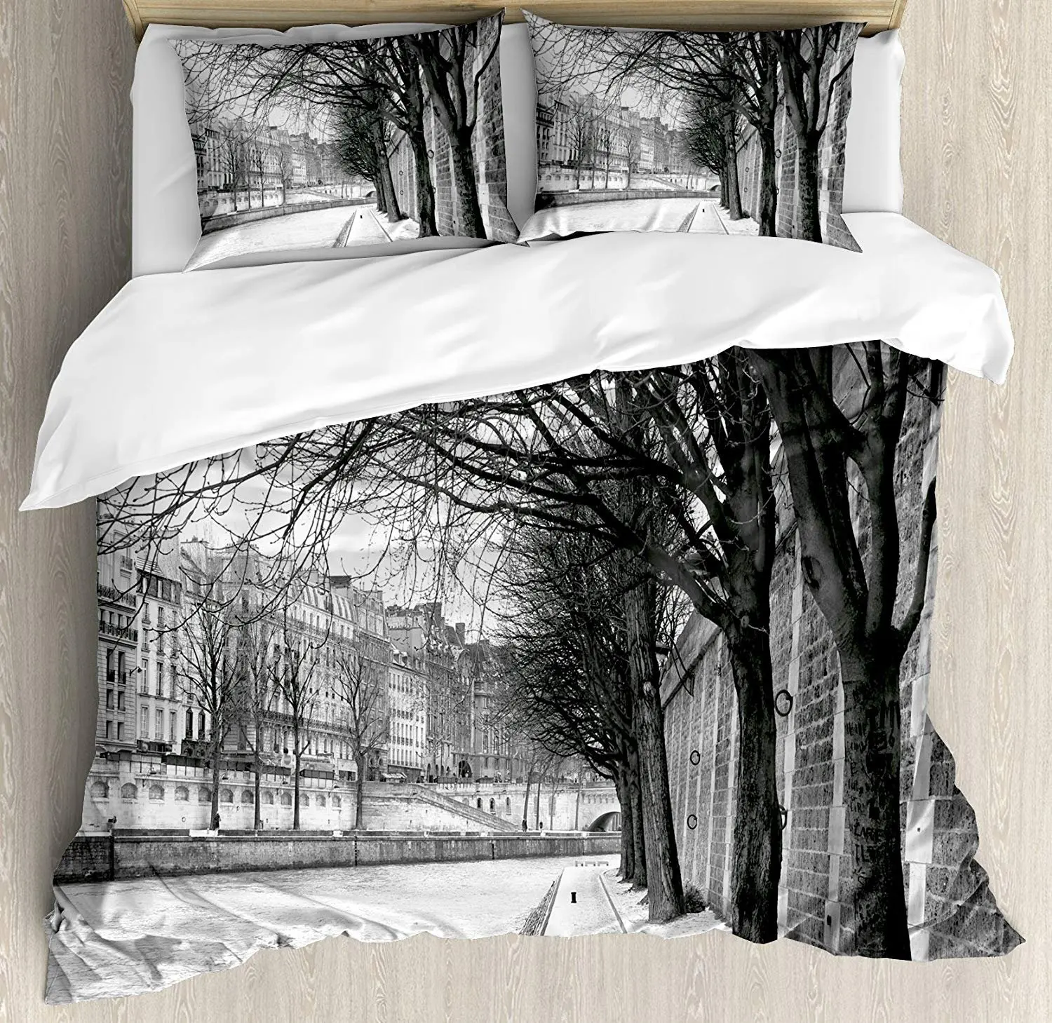 

Black and White Decorations Bedding Set Seine River Paris France Snowy Winter in Urban City Trees Duvet Cover Pillowcase