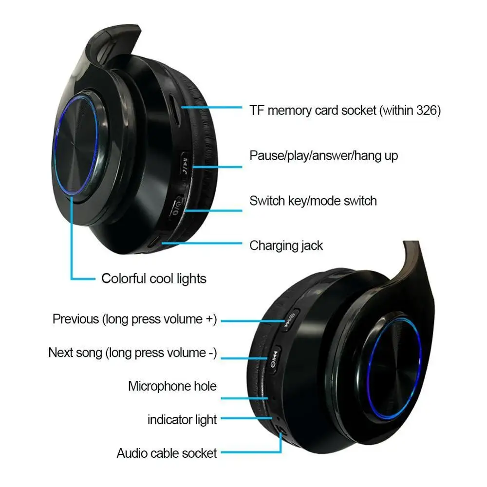 Беспроводные Складные Bluetooth наушники со светодиодной подсветкой и
