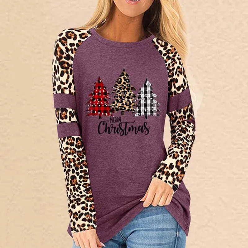

Women Leopard Print Christmas Tree Print Casual Top Long Sleeve Colorblock Tops Tees LXH