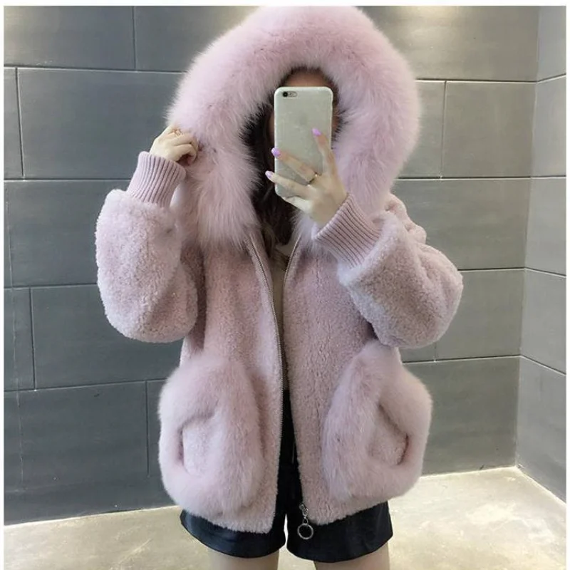 Модное пальто из искусственного меха с воротником лисы и капюшоном Женское