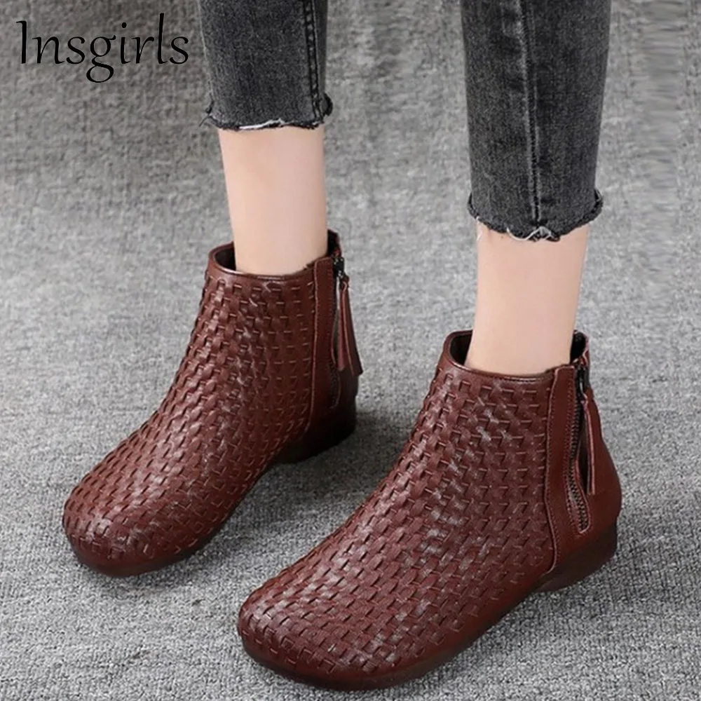 

Retro Short Boots Women 2021 Autumn New Square Toe Woven Ladies Zipper Single Shoes Home Office Party Female Ankle Boots