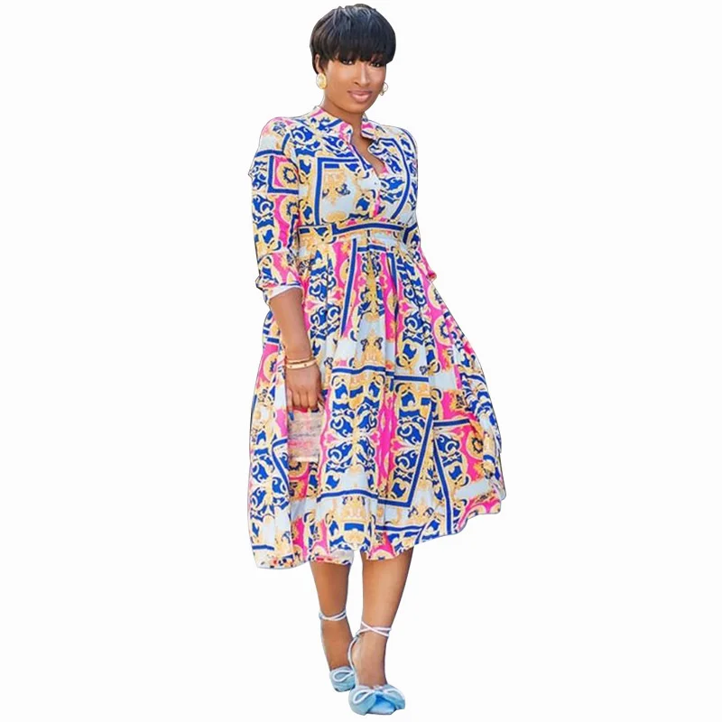 

Women Printed Dress High Waist A Line Three Quarter Sleeves Mide Elegant Office Ladies Classy Floral Vestidos New Female Robes