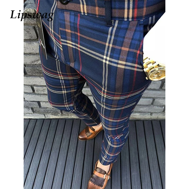 

2022 Casual Striped Plaid Printed Mens Pants Spring Autumn Mid Waist Slim Trousers Fashion Business Pencil Pants Men Streetwear