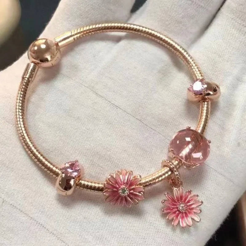 

Hot Sale New 925 Sterling Silver Rose Gold Daisy With Classic Round Button Bracelet Fit Women's Party Gift Wedding Diy Jewelry
