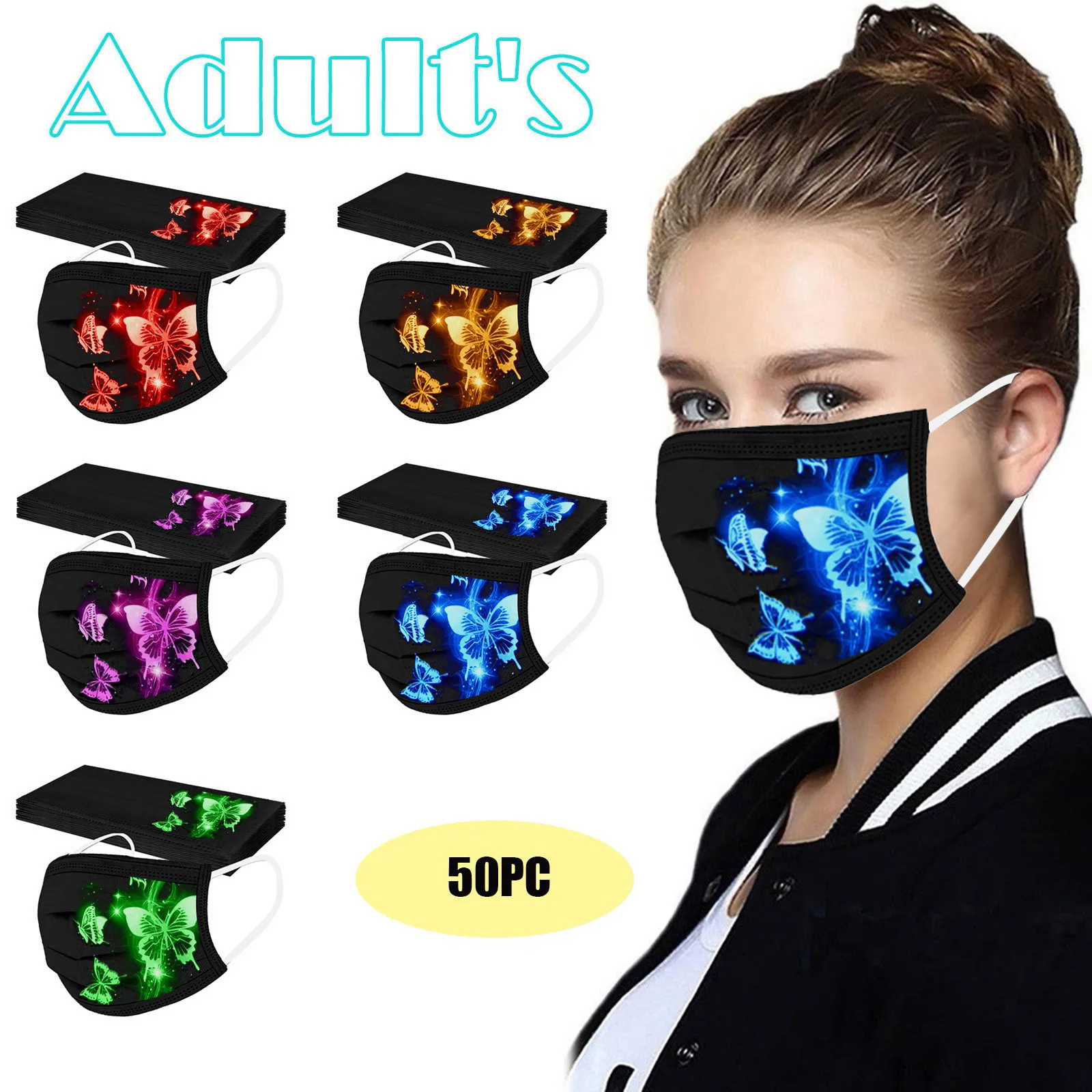 

50PC Adult'S Butterfly Printed Mask Disposable Protective Face Masks Mascarilla Navidad Mask For Face Women Christmas Mask