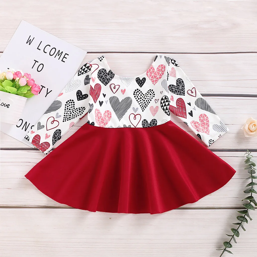 Children Girl Round Neck Long Sleeve Valentine Heart Print Princess Dress Платье Для Девочки | Детская одежда и