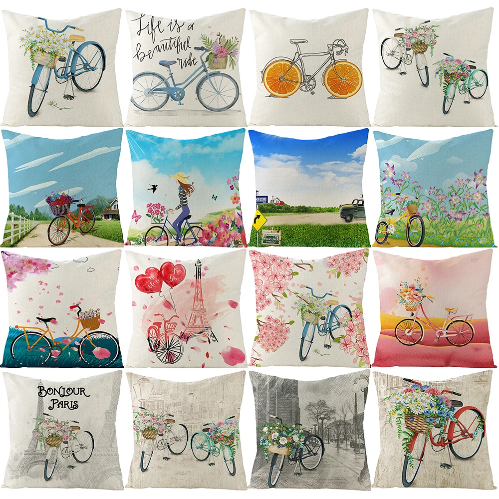 

Cartoon Bicycle Pillow Case Flower Tower Beauties Throw Pillow Cover Spring Floral Sofa Car Linen Cushion Cover Home Decoration