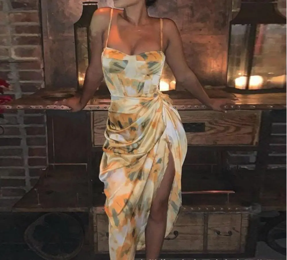 

2020 Abstract Print Spaghetti Strap High Slit Ruched Dress