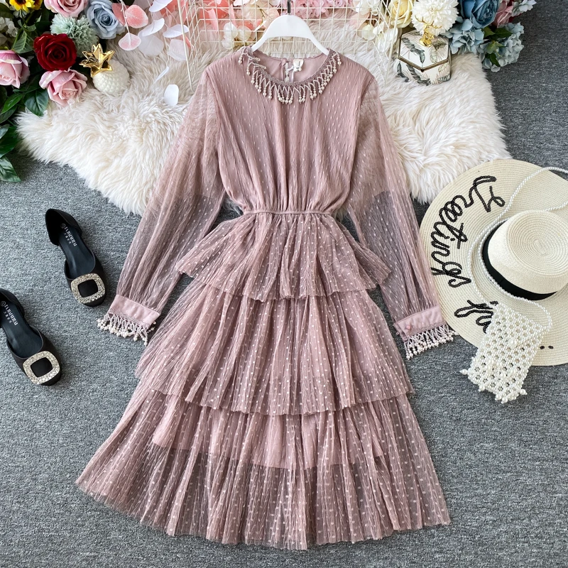 2020 весенне осеннее Новое корейское кружевное газовое платье с длинными рукавами