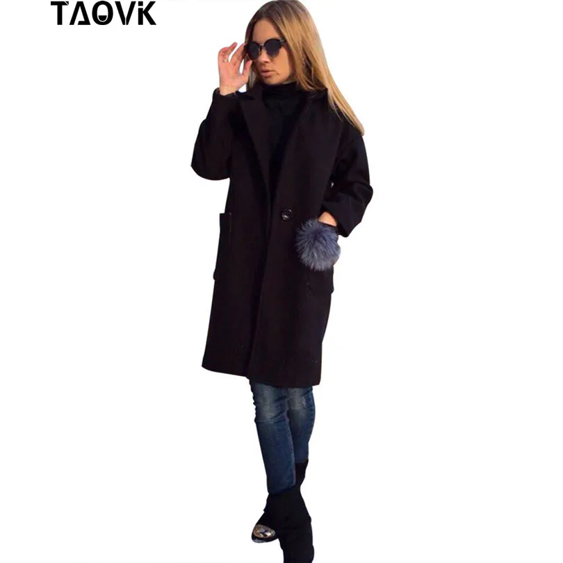 TAOVK женское длинное пальто с длинным рукавом отворотом меховыми шариками карманы