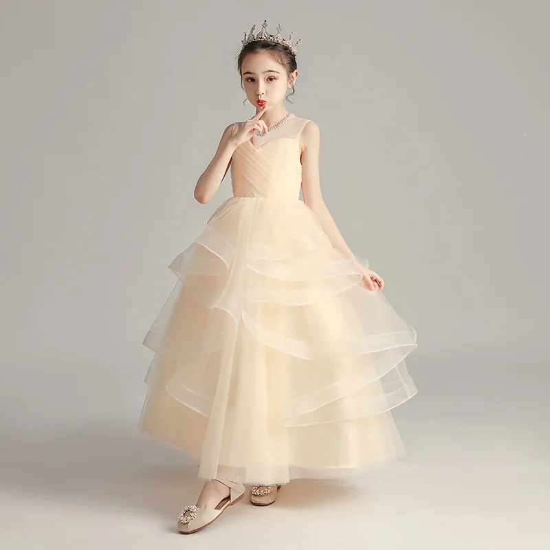 

Children Girls Luxury Elegant Champagne Piano Costums Host First Communication princess Fluffy Ball Gown Dress Birthday Dresses