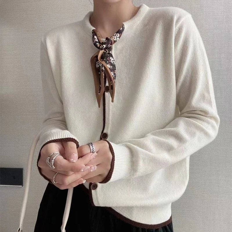 

JHBeute Korea Sweater Cardigan Ladies Spring Silk Scarf Collar V Neck Wool Casual Knit Cardigan Women Retro Sweater Knitwear