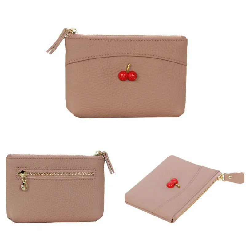 

COW LEATHER First Layer Cowhide Cherry Lady Zipper Leather Coin Purse Leather Key Ring Bag Mini Coin Purse Purses