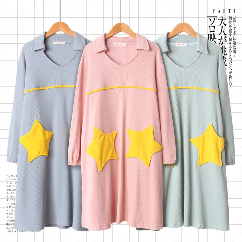 

2020 Spring Autumn Comfortable Nightdress Women Knitted Cotton Long Sleeve Sleepwear V-Neck Sleeping Dress Knee-Length Homewear