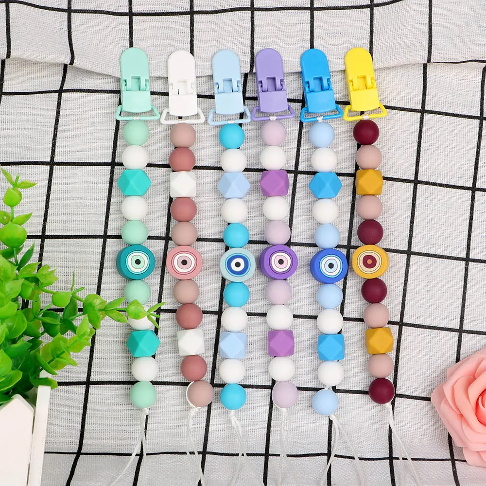 

Kovict 2Pc Personalized Angel Eyes Baby Pacifier Chain Food Grade Silicone Chewing Molar Bead Pacifier Clip BPA Free