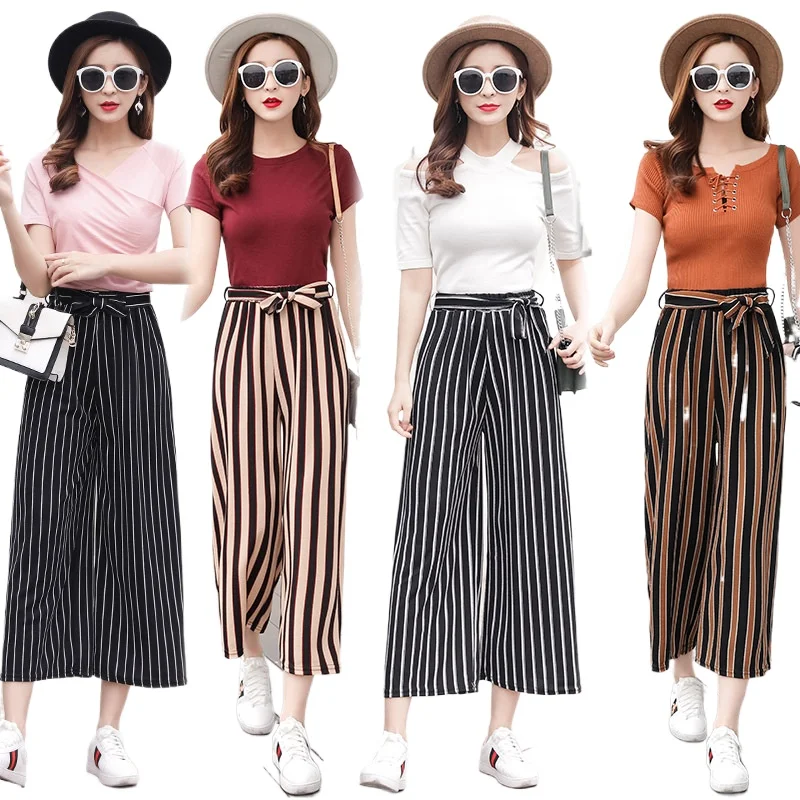 

2021 Summer Women's pants new wild striped High waist Belt Straight Thinner nine-point wide-leg Trousers cotton soft breathable