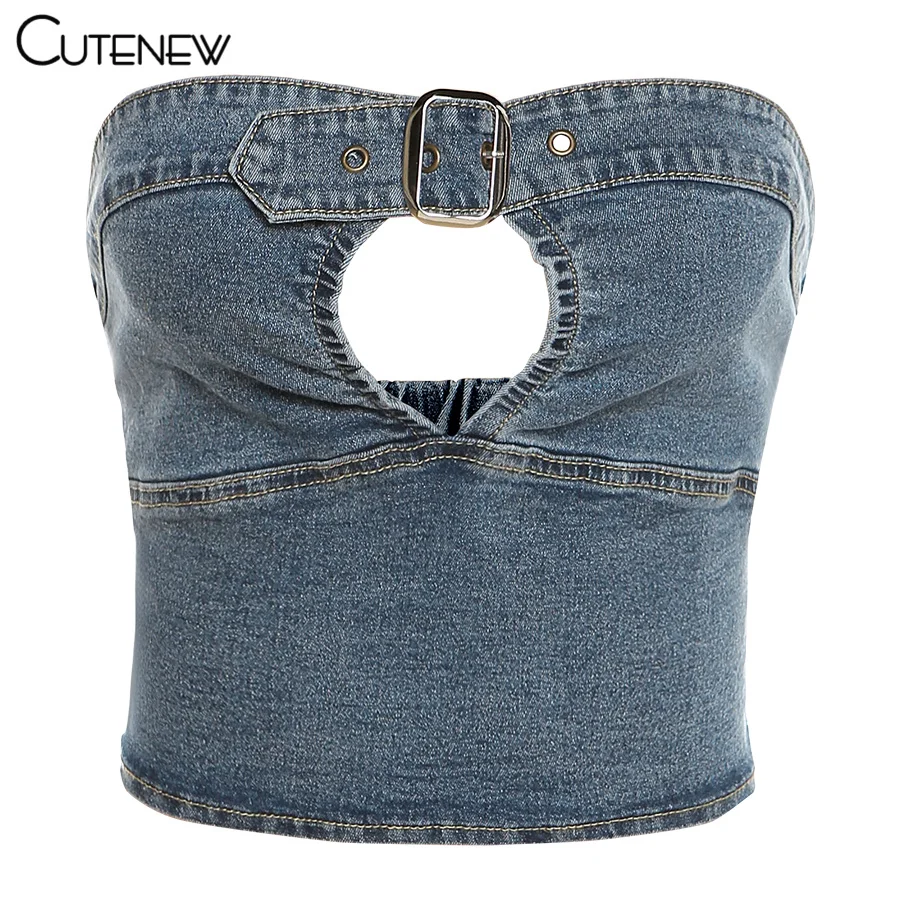 

Cutenew Sexy Hollow Out Patchwork Denim Women Tank Tops 2021 Summer New Casual Slim Streetwear Fashion Simplicity Lady Crop Vest