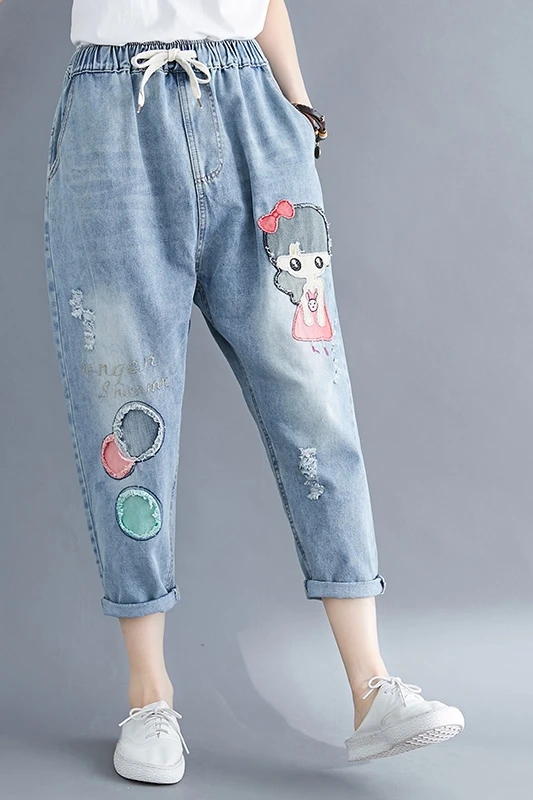 

Denim Harem Pants Women Patch Work Carton Girl Mid Calf Length