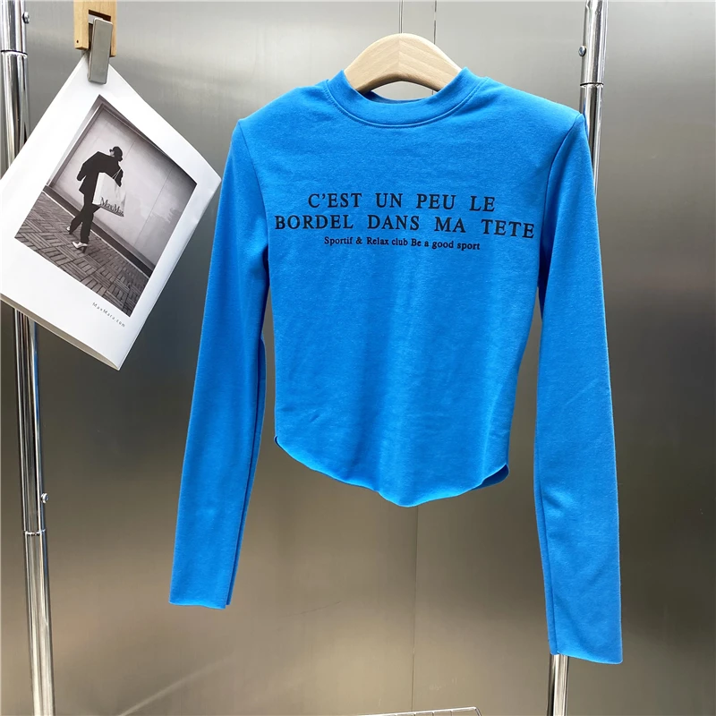 Новинка 2021 футболка с круглым вырезом и длинным рукавом открытым пупком надписью