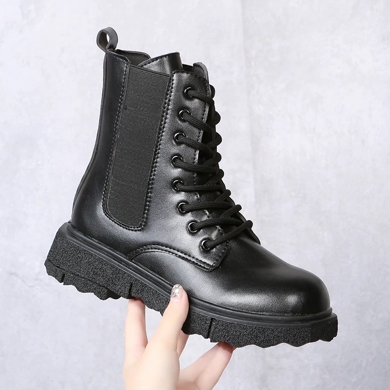 

2021 White Black PU Leather Boots Women Autumn Winter Round Toe Lace Up Shoes Woman Fashion Motorcycle Platform Botas