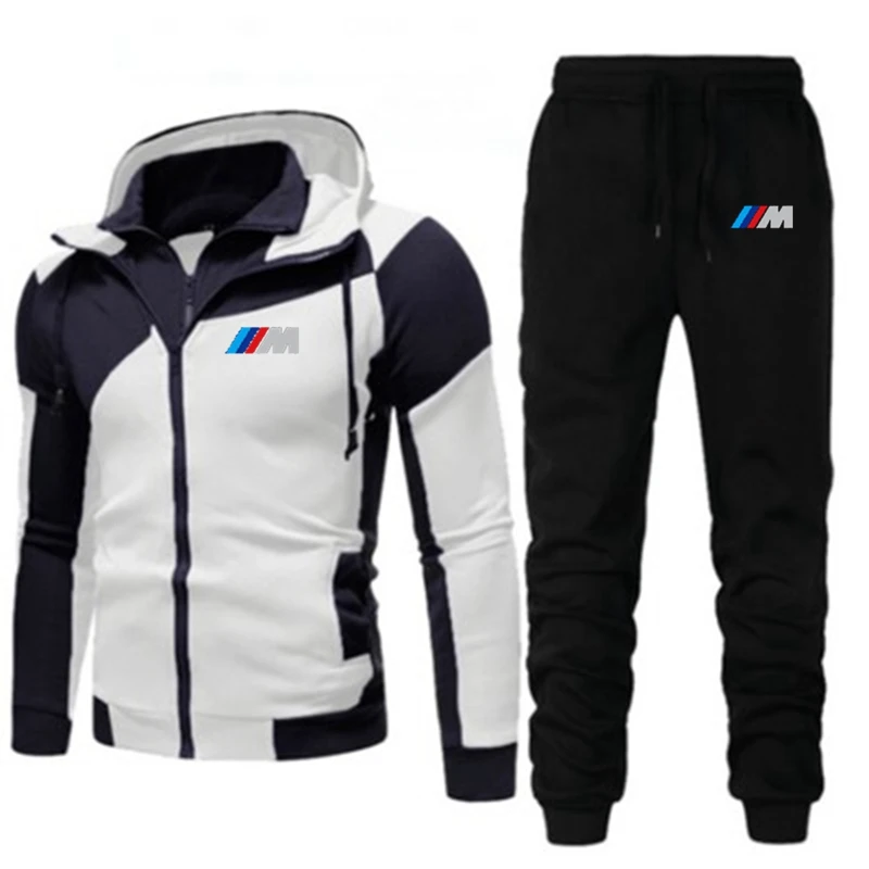 

2020 new men's fashion hooded stitching printed jacket trousers 2 piece suit male gyms hooded sweatshirt casual cardiga jacket