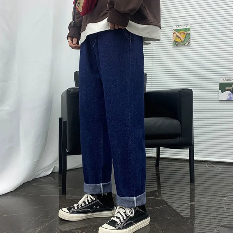 

Jeans Women Solid Straight Ankle Length Pockets Loose Autumn Mens Fashion All Match Daily Simple Oversize Ulzzang Harajuku Chic