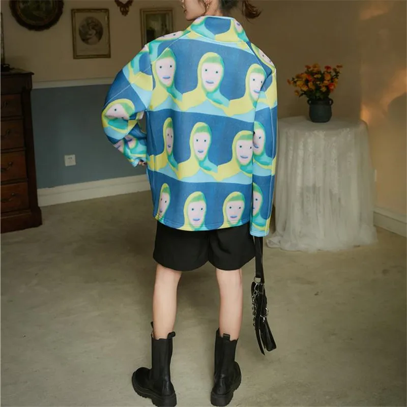 

Tie Dy Hoodie Kawaii Women Sweatshirt Stand-up Collar Long-sleeved Cartoon Print Loose Casual Sweatshirt Spring New Streetwear