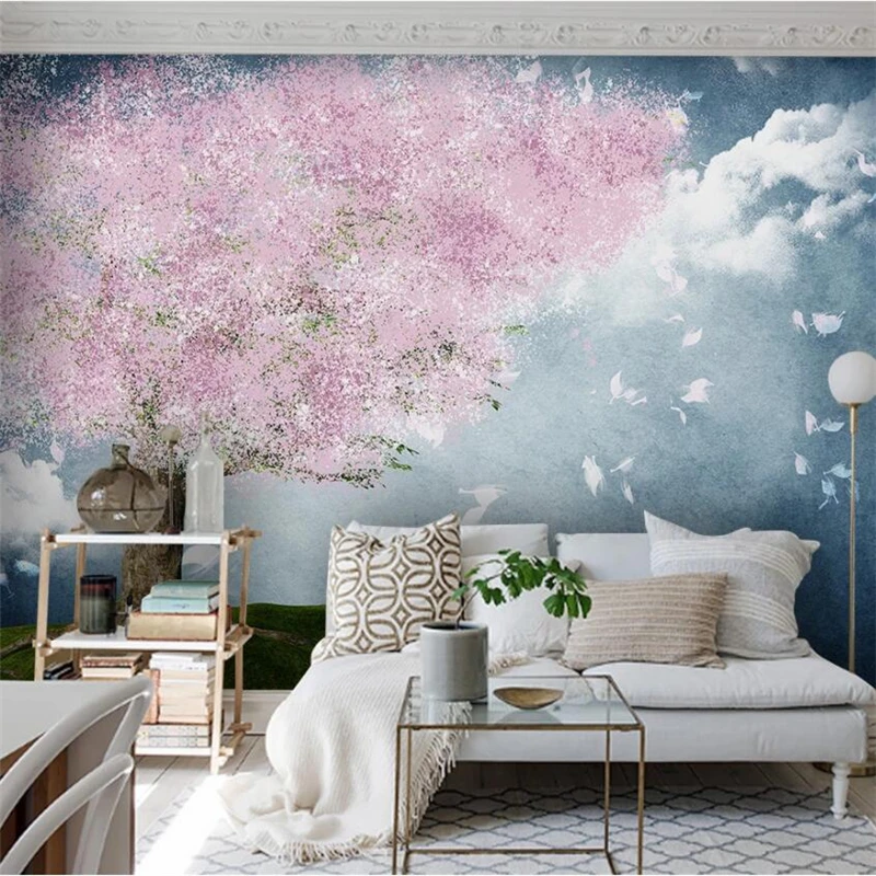 

beibehang Custom wallpaper 3D new Chinese hand painted pink flowers elk mood landscape TV background wall papers home decor обои