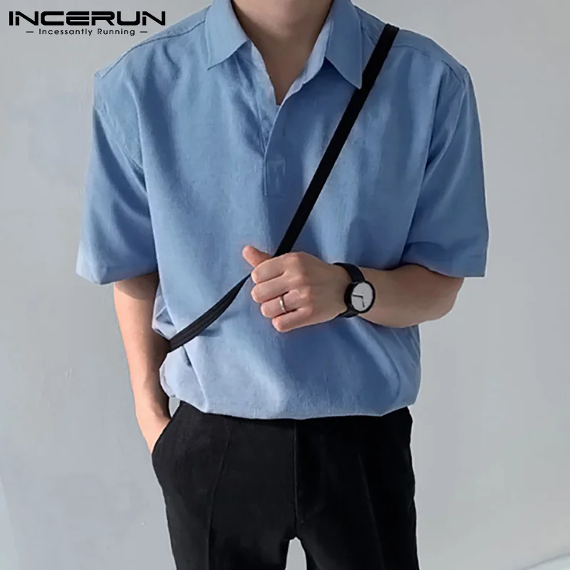 

2021 Summer Short Sleeve Loose Camisa INCERUN Leisure Solid Color Men Shirt Man Turn Down Collar Casual Blouse Masculina S-5XL