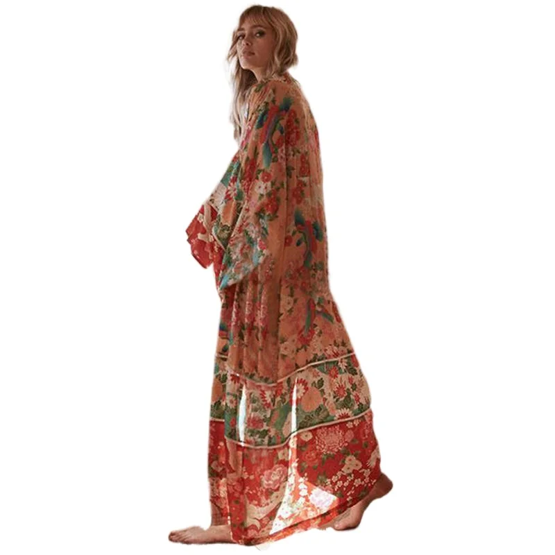 

Large Size Chiffon Loose Bohemia Printing Sunscreen Beach Outwear Cardigan Dress Summer Bikini Swimsuit Cover Up Women