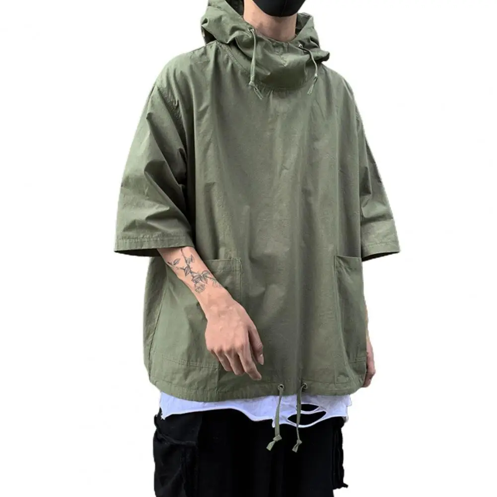 

Hooded Half Sleeve Pullover Top Soft Large Pockets Loose Men T-shirt Streetwear