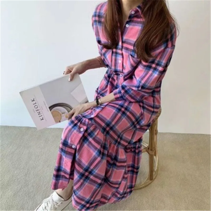 

Women Casual Dress Autumn Korean Style Vintage Plaid Long Dresses Color Blocking Single Breasted Long-sleeved Vestidos 2020
