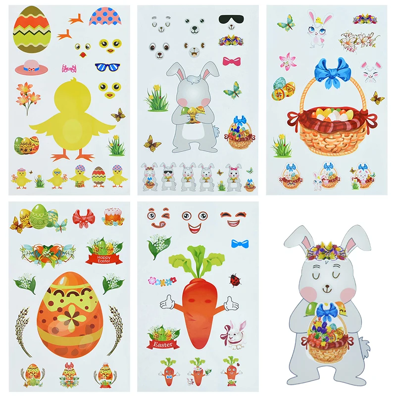

5pcs DIY Easter Sticker Rabbit Egg Chick Brasket Carrot Face Sticker Easter Xmas Party Supplies For Classroom Children Activity