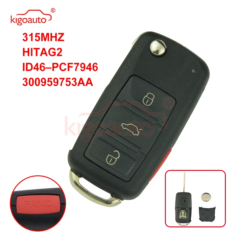 Kigoauto 300 959 753 AA дистанционный ключ 3 кнопки с паникой 315 МГц ASK/FSK HITAG 2 ID46 PCF7946 для VW