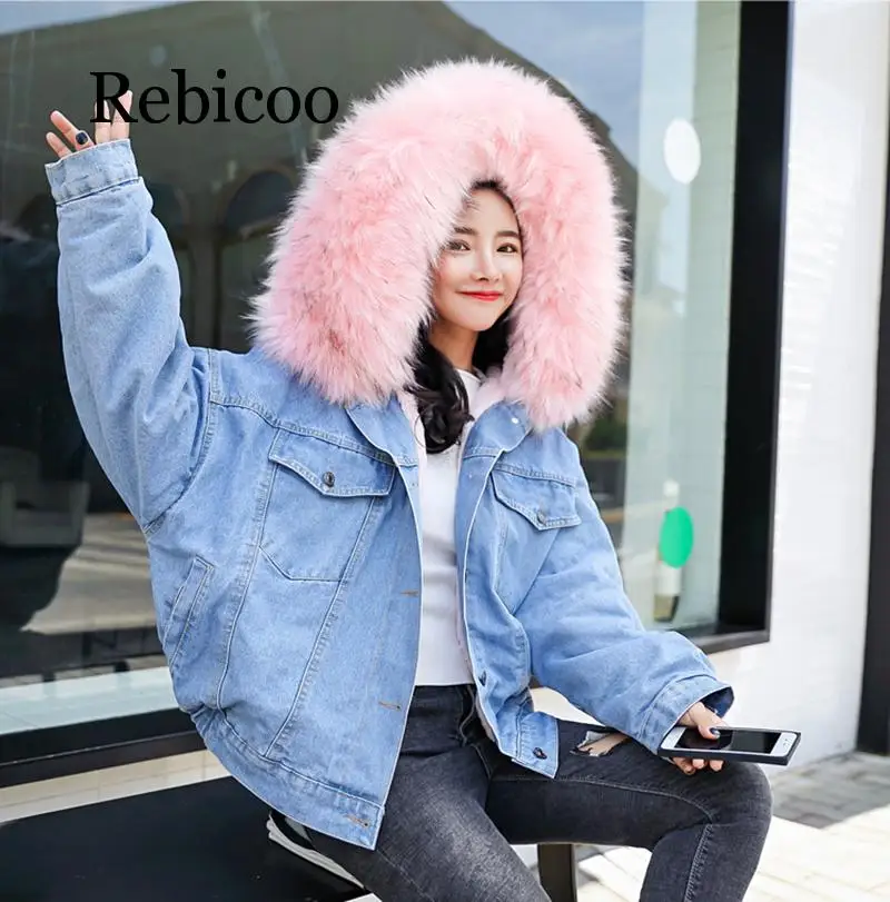 

2019 Winter fur denim women's fashion imitation rabbit fur blue denim jacket with warm lining female fur collar coat