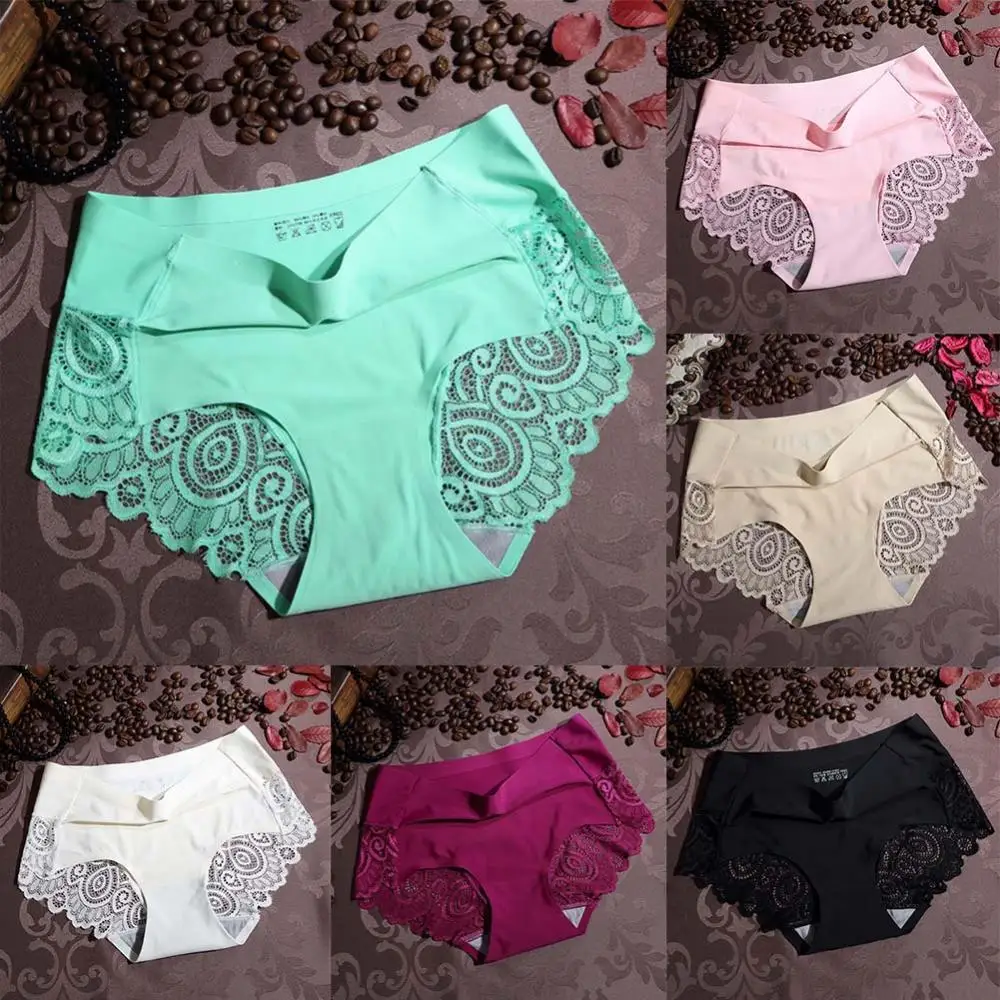 

Women Ice Silk Lace Solid Color Seamless Sexy Elastic Panties Underwear Briefs Comfortable Casual Female Mid Waist Panties