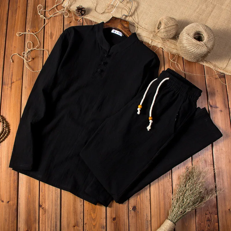 

(Shirt + trousers) spring Chinese Style men shirt Cotton and linen shirts men's casual shirts A set of clothes size M-5XL