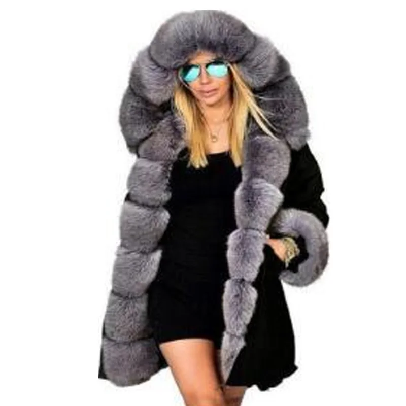 BlackGray Женские теплые пальто с капюшоном из искусственного меха, парки, анораки, верхняя одежда, зимние длинные куртки, Женская парка, повседневное меховое пальто с капюшоном в стиле милитари - Цвет: BlackGray