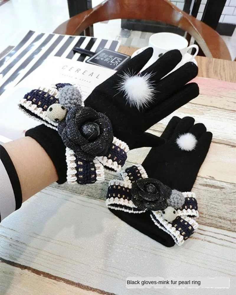 Кашемировые перчатки с бантом, корейские женские зимние Утепленные теплые перчатки для сенсорного экрана, милые зимние перчатки для девоче...