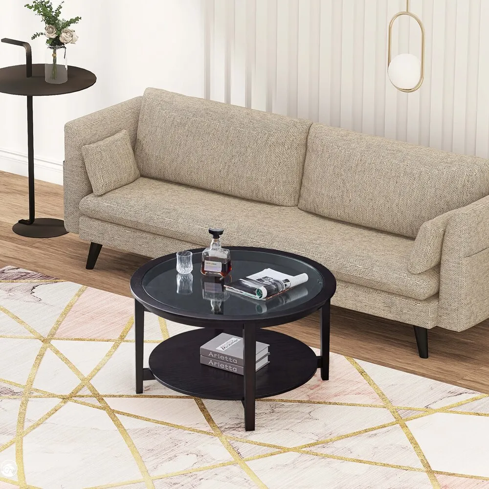 

Modern Solid Wood Round Coffee Table With Tempered Glass Tops Black Color-36"