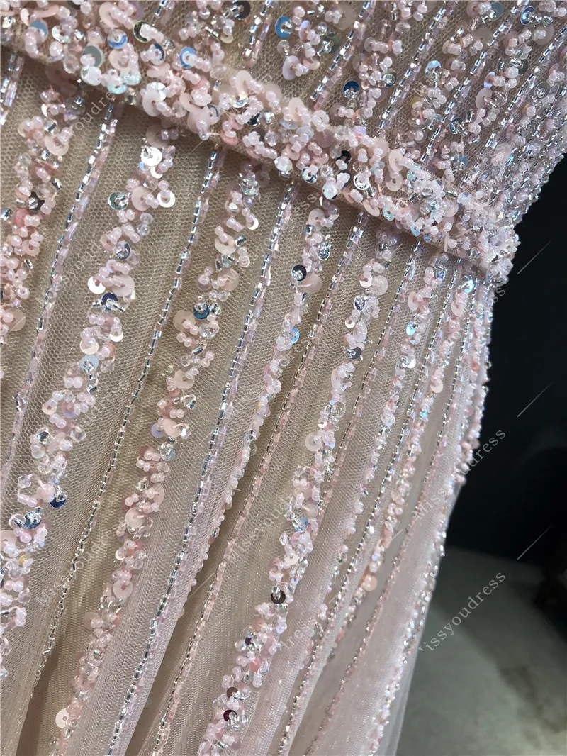 2021 فساتين السهرة Real Sample Light Pink Luxurious Beads Strapless A-line Floor Length Formal Prom Party Evening Dresses